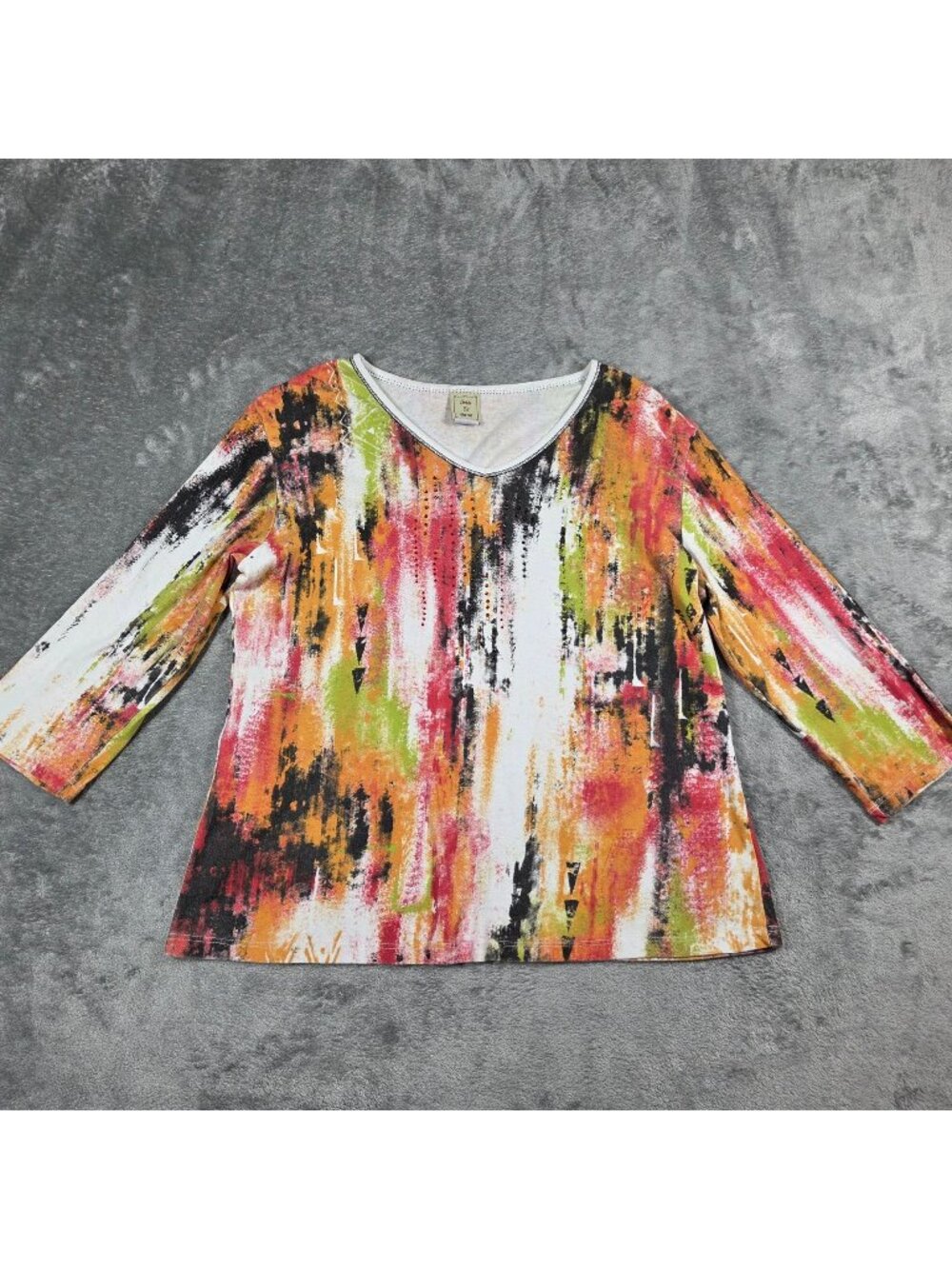 Jess & Jane Top Womens Medium White Spicy Color Orange Abstract Print Boho USA